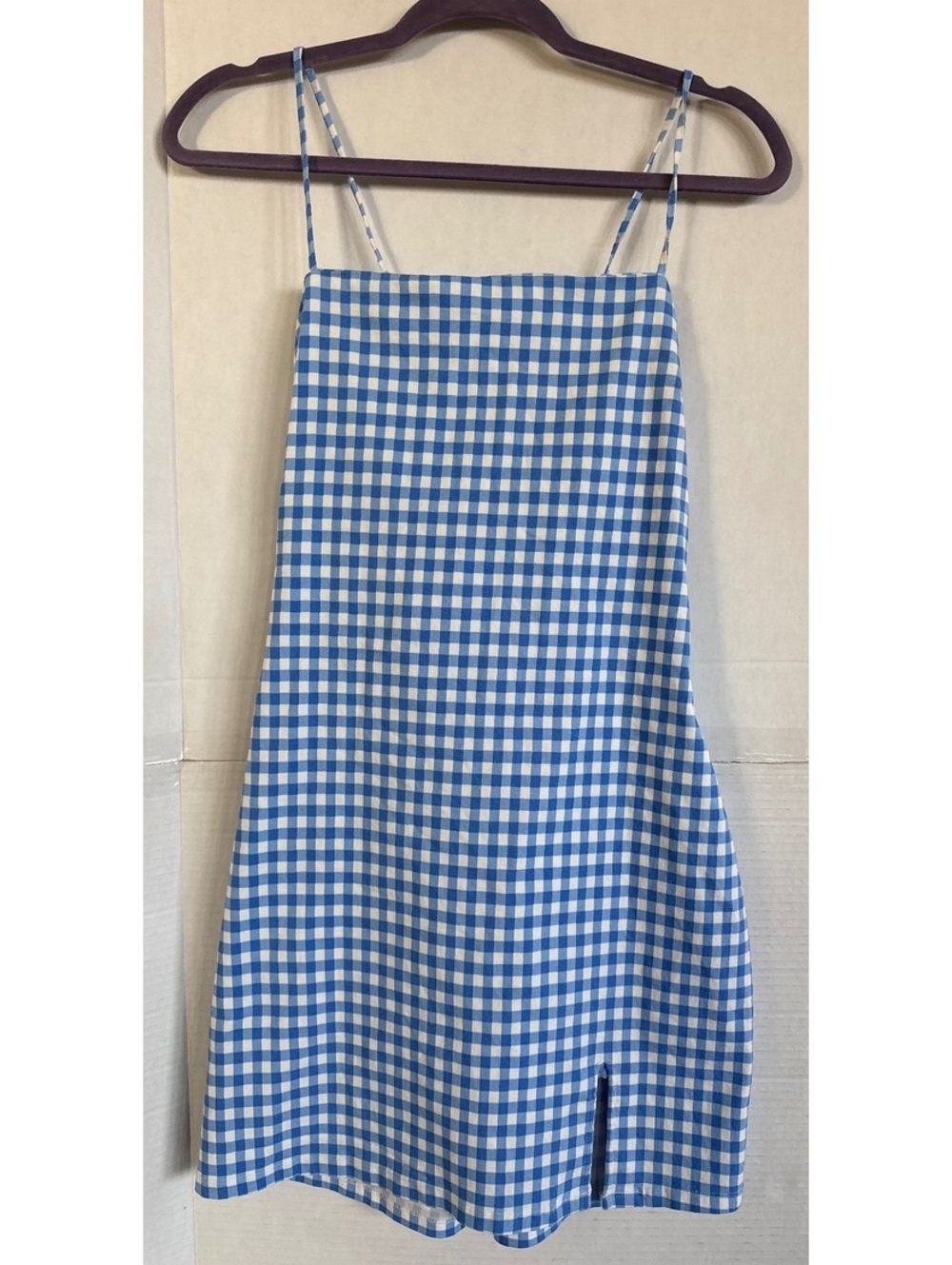 Blue and White Gingham Checkered Mini Dress with Lace-Up Back